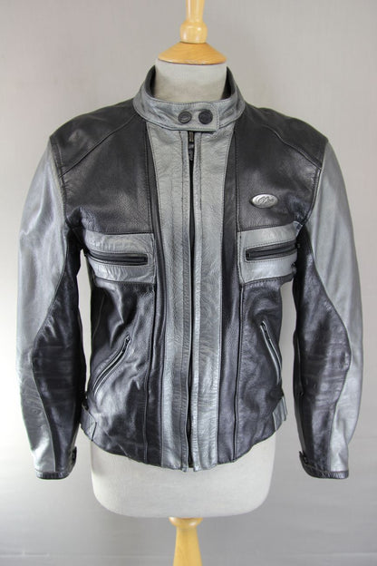 MTECH BLACK & SILVER LEATHER BIKER JACKET WITH BACK & SHOULDER CE ARMOUR 36 IN