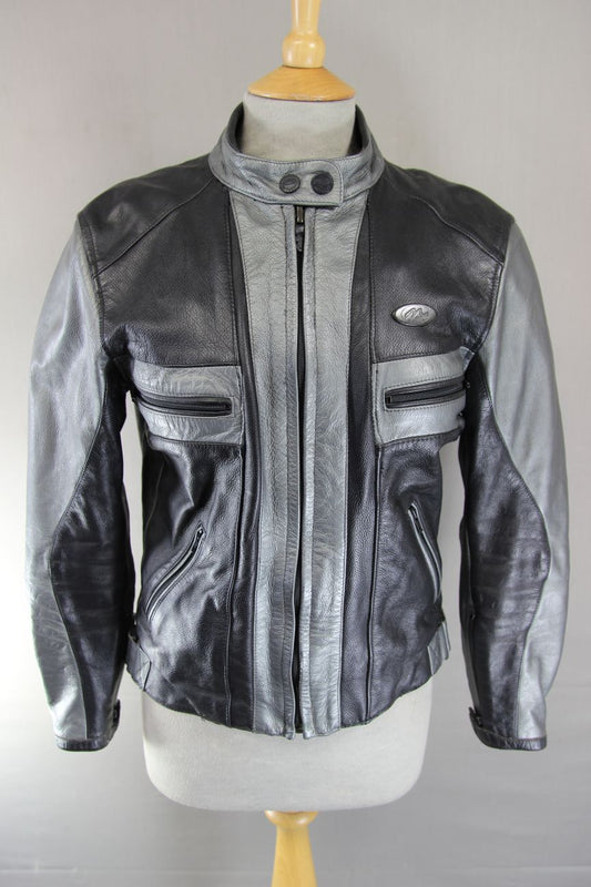 MTECH BLACK & SILVER LEATHER BIKER JACKET WITH BACK & SHOULDER CE ARMOUR 36 IN