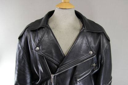 VINTAGE 70s PUNK ROCK STYLE BLACK LEATHER BIKER JACKET WITH QUILTED LINING 54 IN