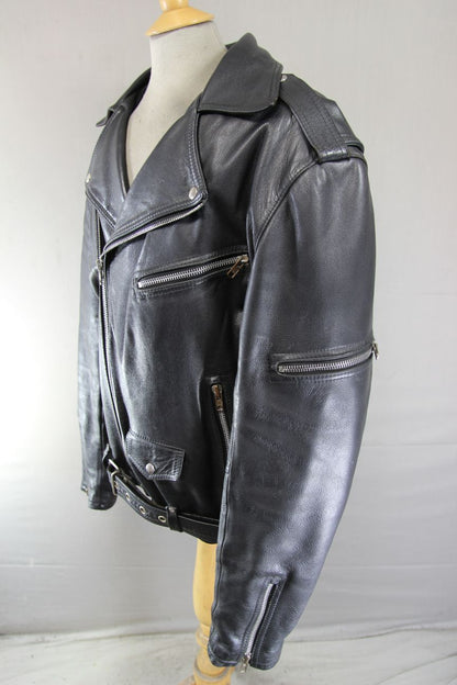 VINTAGE 70s PUNK ROCK STYLE BLACK LEATHER BIKER JACKET WITH QUILTED LINING 54 IN