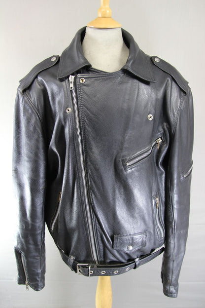 VINTAGE 70s PUNK ROCK STYLE BLACK LEATHER BIKER JACKET WITH QUILTED LINING 54 IN