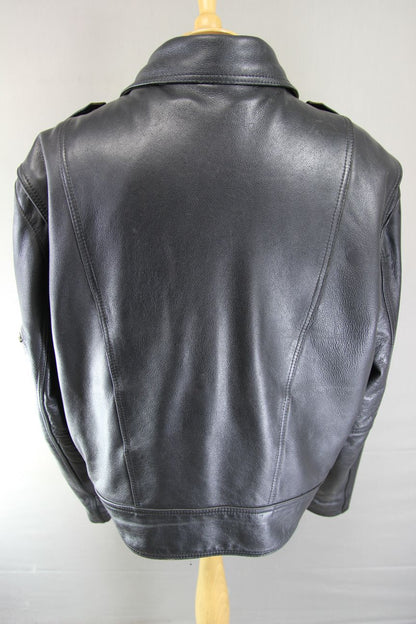 VINTAGE 70s PUNK ROCK STYLE BLACK LEATHER BIKER JACKET WITH QUILTED LINING 54 IN