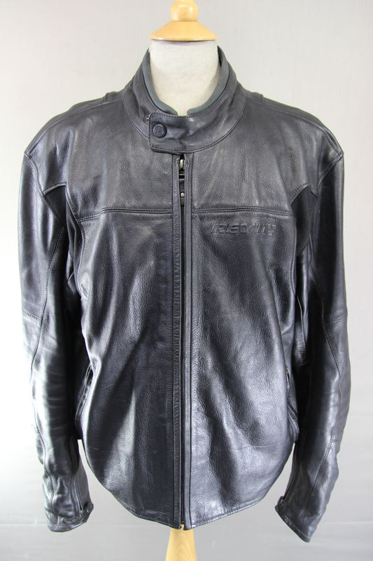 REV'IT! BLACK LEATHER BIKER JACKET WITH REMOVABLE SHOULDER & ELBOW CE ARMOUR 48"
