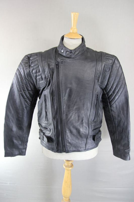 CLASSIC BLACK LEATHER BIKER JACKET WITH DETACHABLE THERMAL LINING 40-42 INCH