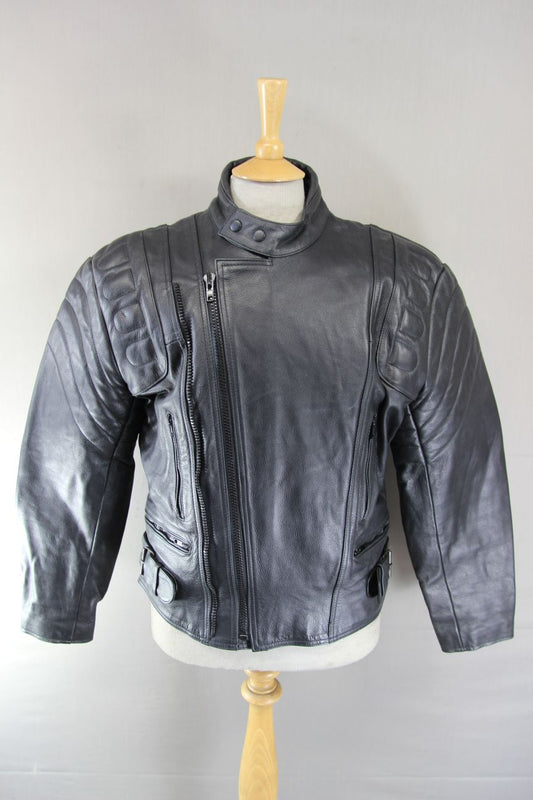 CLASSIC EURO PELTS BLACK LEATHER BIKER JACKET WITH THERMAL LINING 38-40 INCH/MED