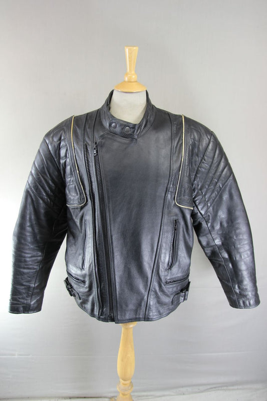 NLC CLASSIC REFLECTIVE BLACK LEATHER BIKER JACKET 44-46 INCH CHEST/XL
