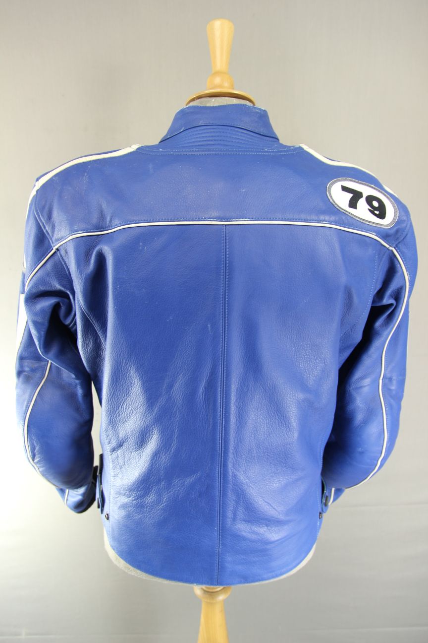 IXS 79 BLUE & WHITE LEATHER BIKER JACKET WITH CE ARMOUR & THERMAL LINING 42 IN
