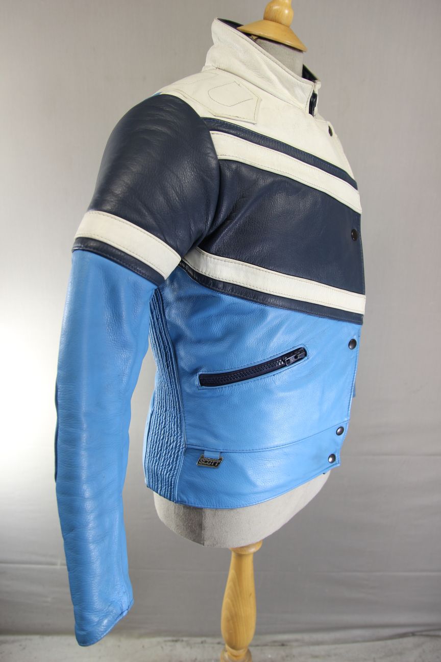VINTAGE 80s BRITISH MADE SKY BLUE, NAVY & WHITE SCOTT LEATHERS BIKER JKT SIZE 14