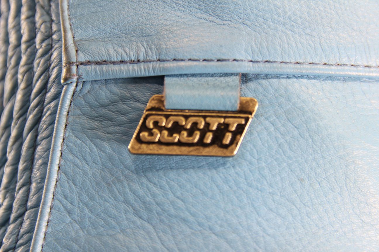 VINTAGE 80s BRITISH MADE SKY BLUE, NAVY & WHITE SCOTT LEATHERS BIKER JKT SIZE 14