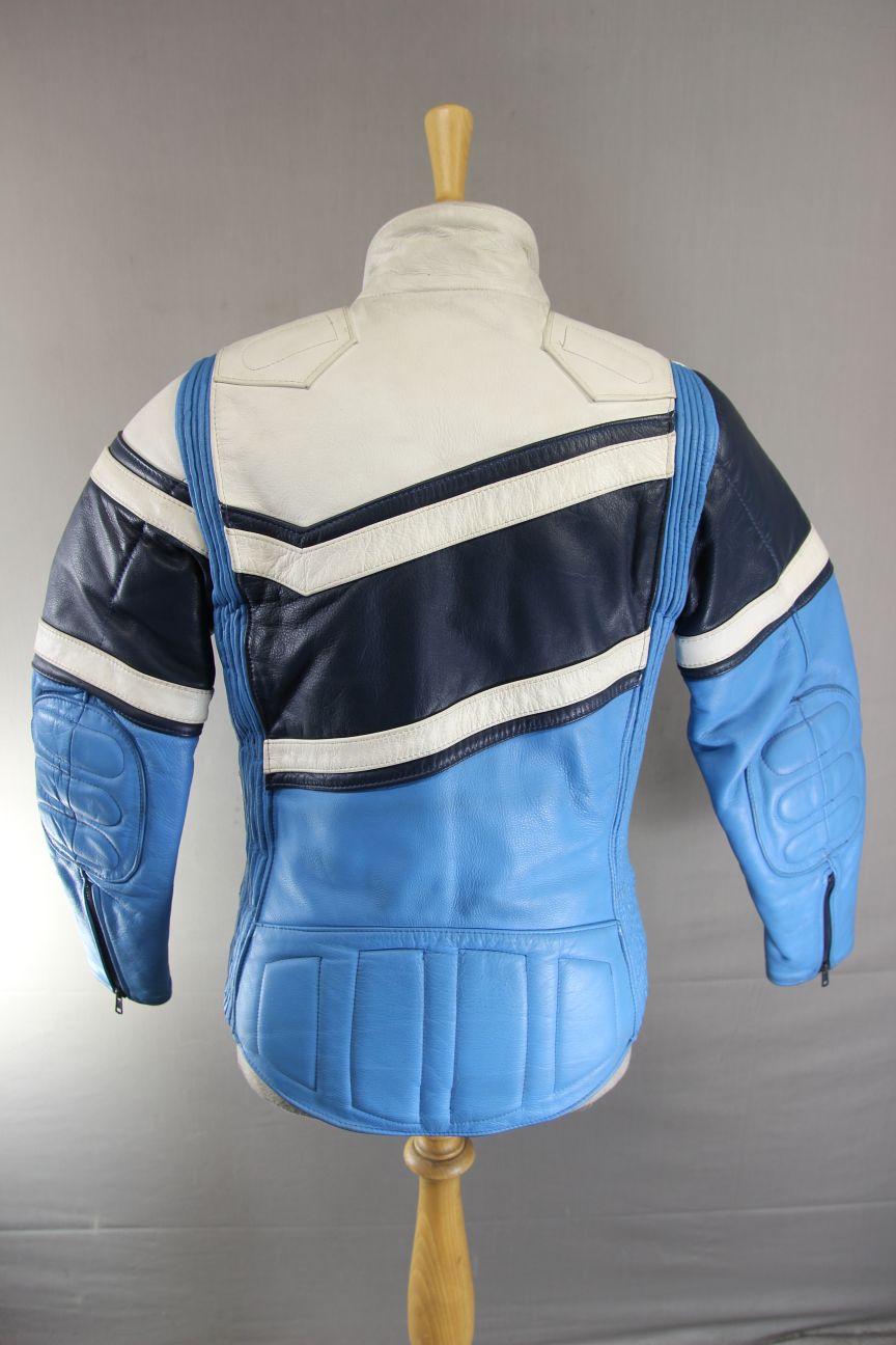 VINTAGE 80s BRITISH MADE SKY BLUE, NAVY & WHITE SCOTT LEATHERS BIKER JKT SIZE 14