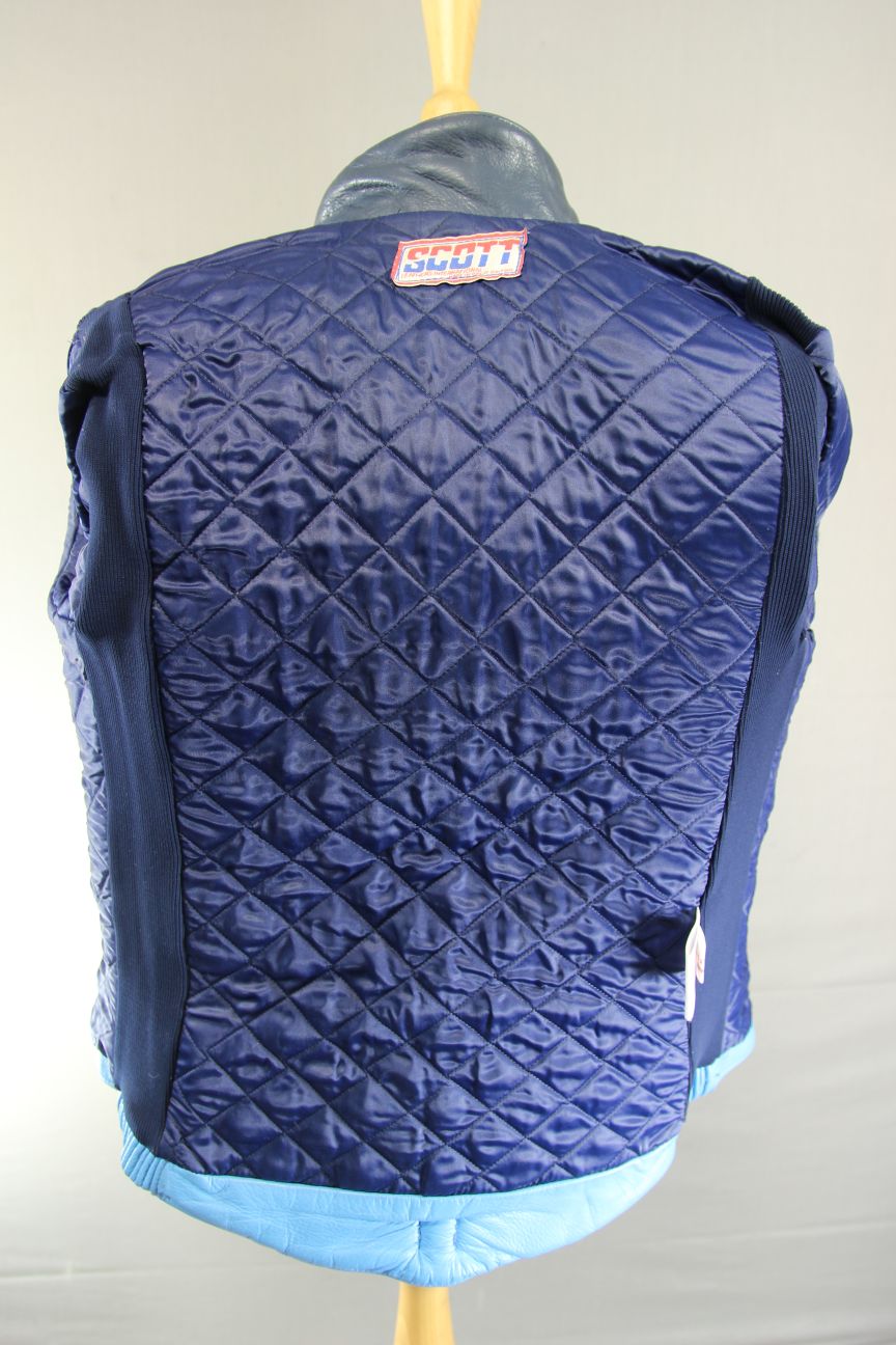 VINTAGE 80s BRITISH MADE SKY BLUE, NAVY & WHITE SCOTT LEATHERS BIKER JKT SIZE 14