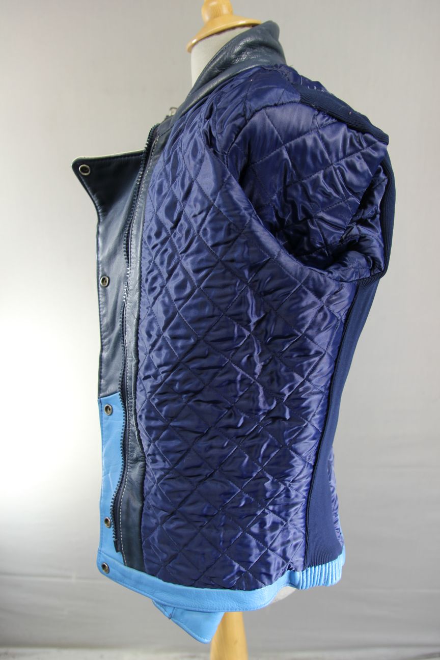 VINTAGE 80s BRITISH MADE SKY BLUE, NAVY & WHITE SCOTT LEATHERS BIKER JKT SIZE 14