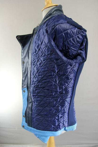 VINTAGE 80s BRITISH MADE SKY BLUE, NAVY & WHITE SCOTT LEATHERS BIKER JKT SIZE 14