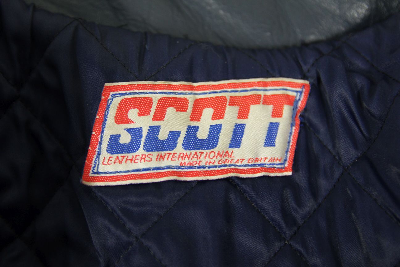 VINTAGE 80s BRITISH MADE SKY BLUE, NAVY & WHITE SCOTT LEATHERS BIKER JKT SIZE 14