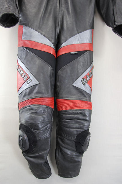 MAAKSON 1 PIECE BLACK, SILVER & RED LEATHER BIKER SUIT WITH CE ARMOUR 48 IN/XXL