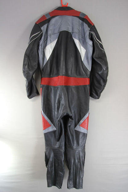 MAAKSON 1 PIECE BLACK, SILVER & RED LEATHER BIKER SUIT WITH CE ARMOUR 48 IN/XXL