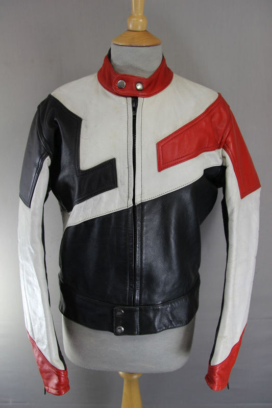 VINTAGE IMATRA BLACK, WHITE & RED LEATHER BIKER JACKET 36-38 INCH CHEST