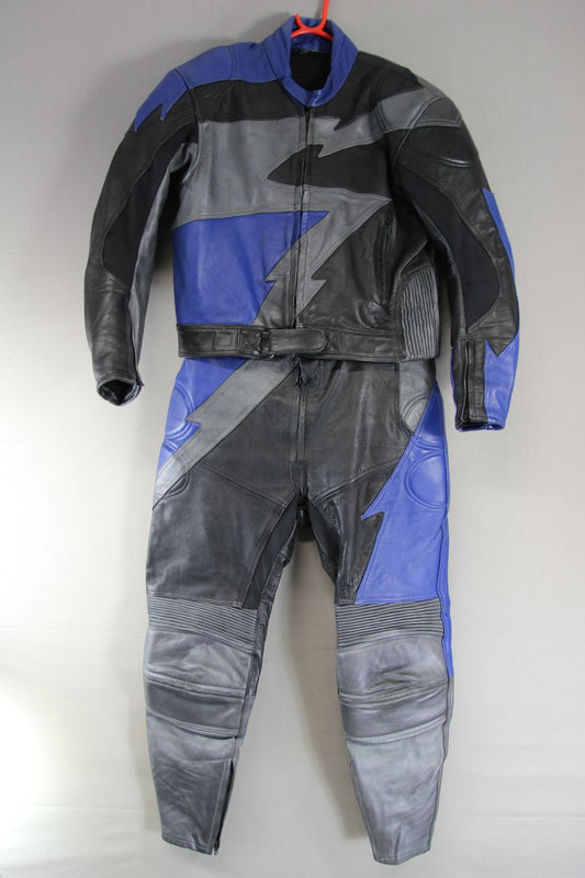 J&S 2 PIECE BLACK, SILVER & BLUE LEATHER BIKER SUIT WITH PROTECTORS 46 INCH/XL
