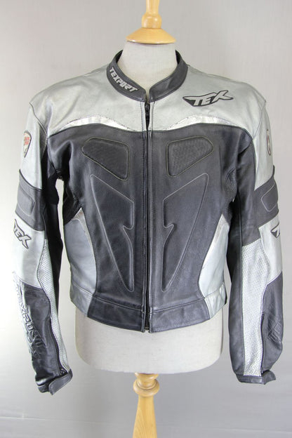 TEXPORT BLACK, SILVER & WHITE LEATHER BIKER JACKET + CE ARMOUR & RACE HUMP 42 IN