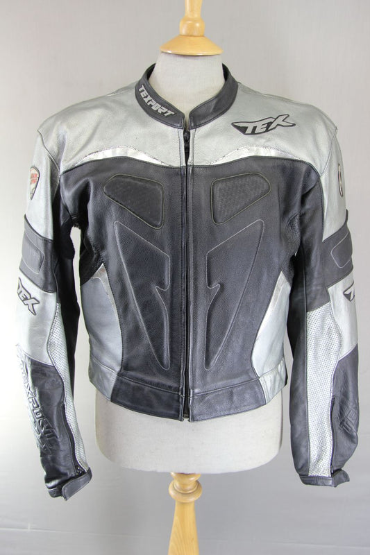 TEXPORT BLACK, SILVER & WHITE LEATHER BIKER JACKET + CE ARMOUR & RACE HUMP 42 IN