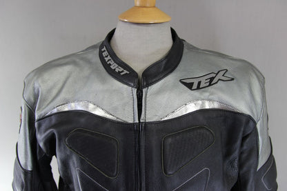 TEXPORT BLACK, SILVER & WHITE LEATHER BIKER JACKET + CE ARMOUR & RACE HUMP 42 IN