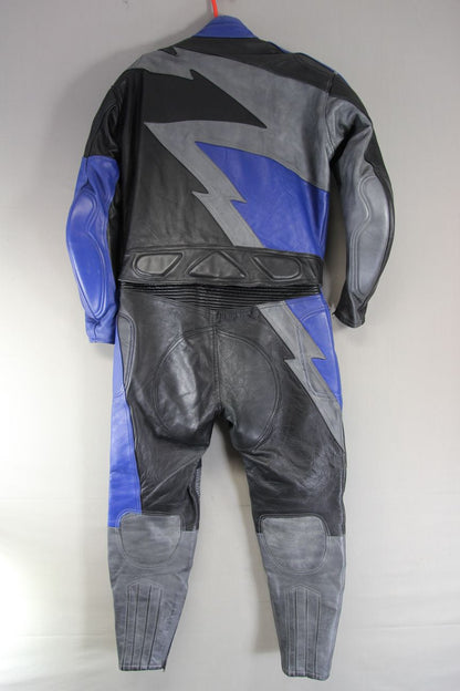 J&S 2 PIECE BLACK, SILVER & BLUE LEATHER BIKER SUIT WITH PROTECTORS 46 INCH/XL