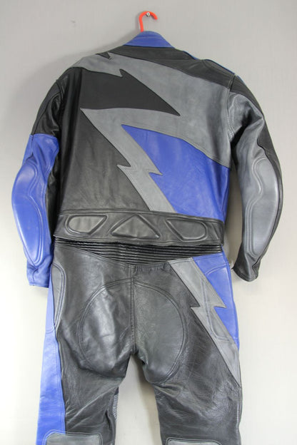 J&S 2 PIECE BLACK, SILVER & BLUE LEATHER BIKER SUIT WITH PROTECTORS 46 INCH/XL