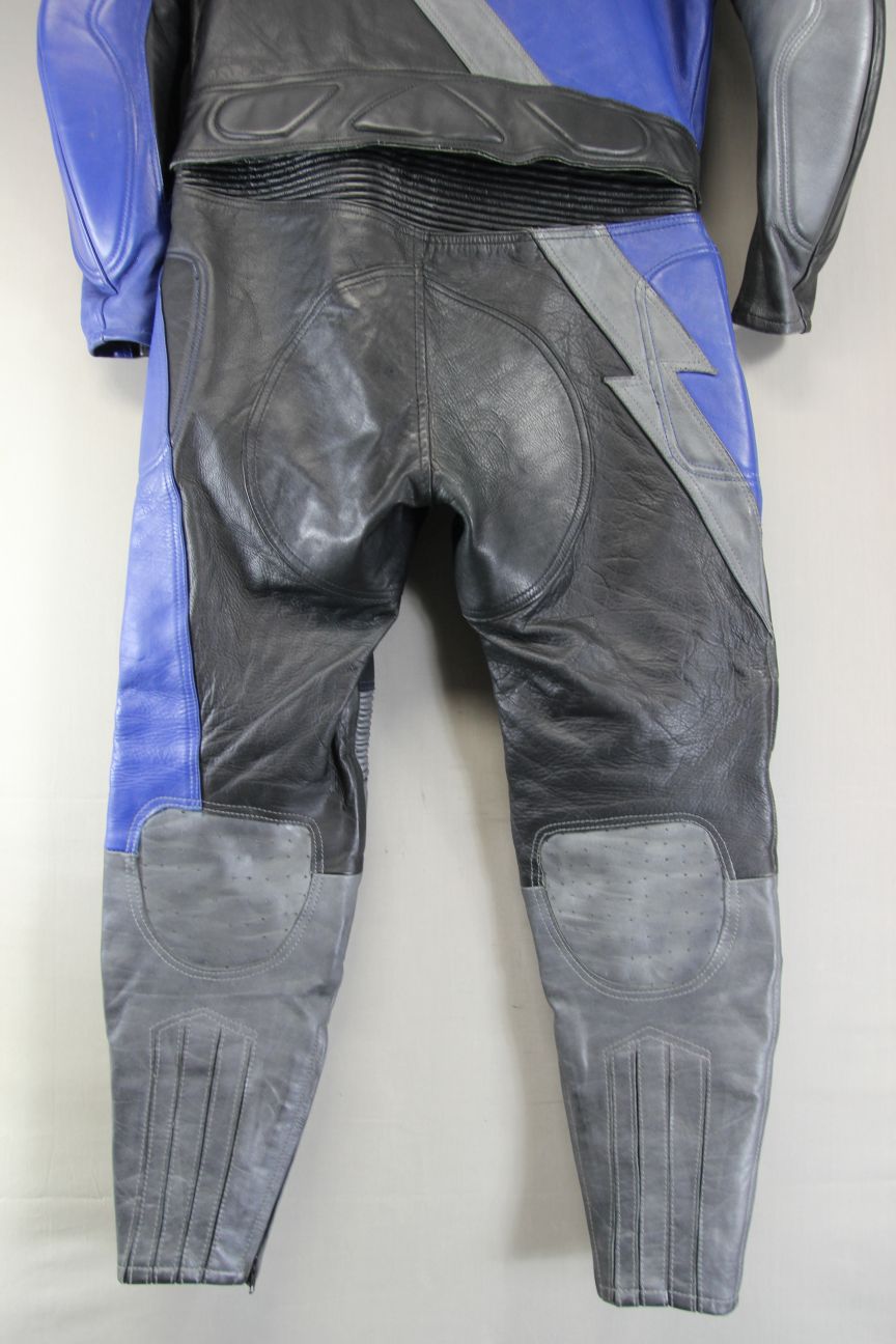 J&S 2 PIECE BLACK, SILVER & BLUE LEATHER BIKER SUIT WITH PROTECTORS 46 INCH/XL