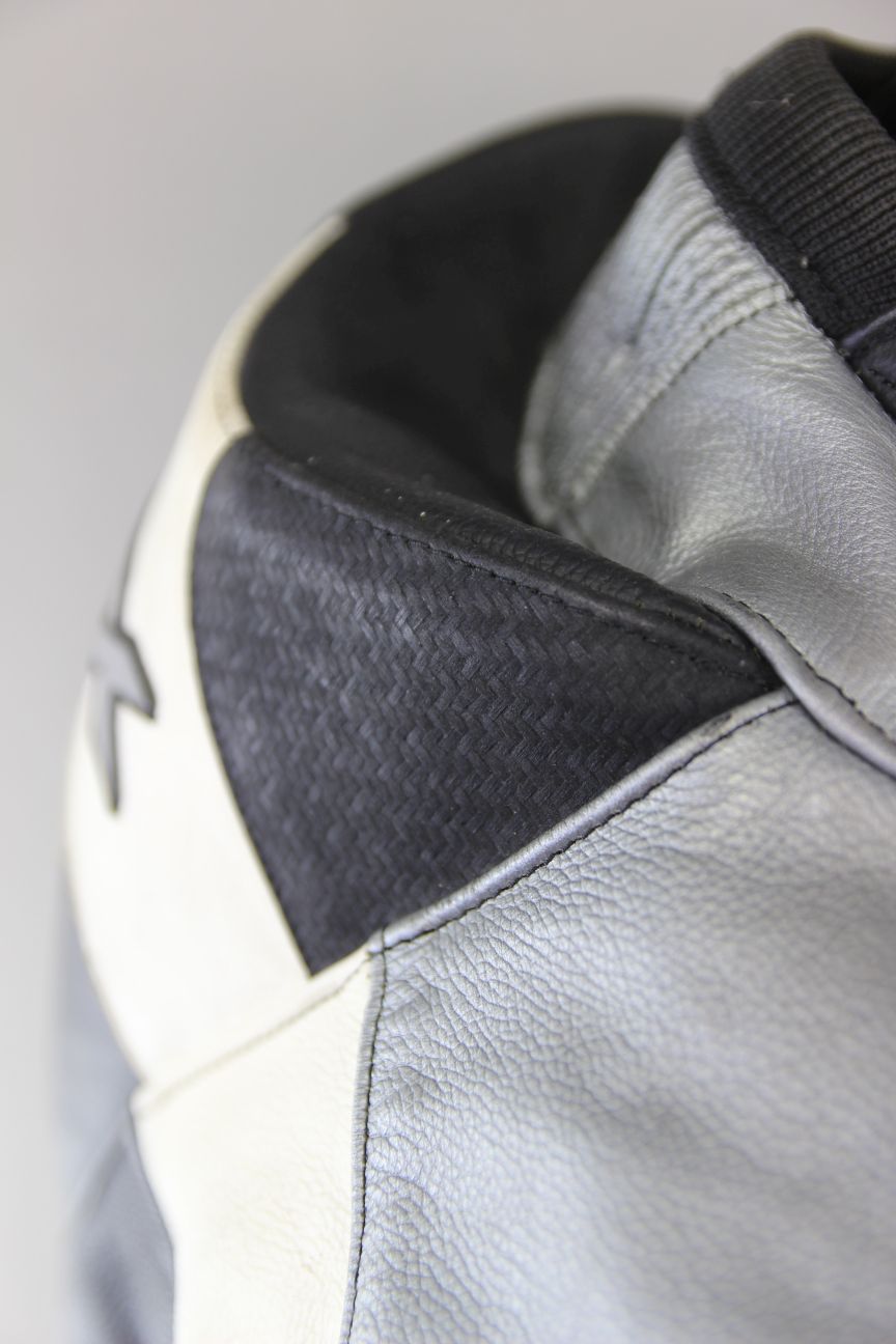 TEXPORT BLACK, SILVER & WHITE LEATHER BIKER JACKET + CE ARMOUR & RACE HUMP 42 IN