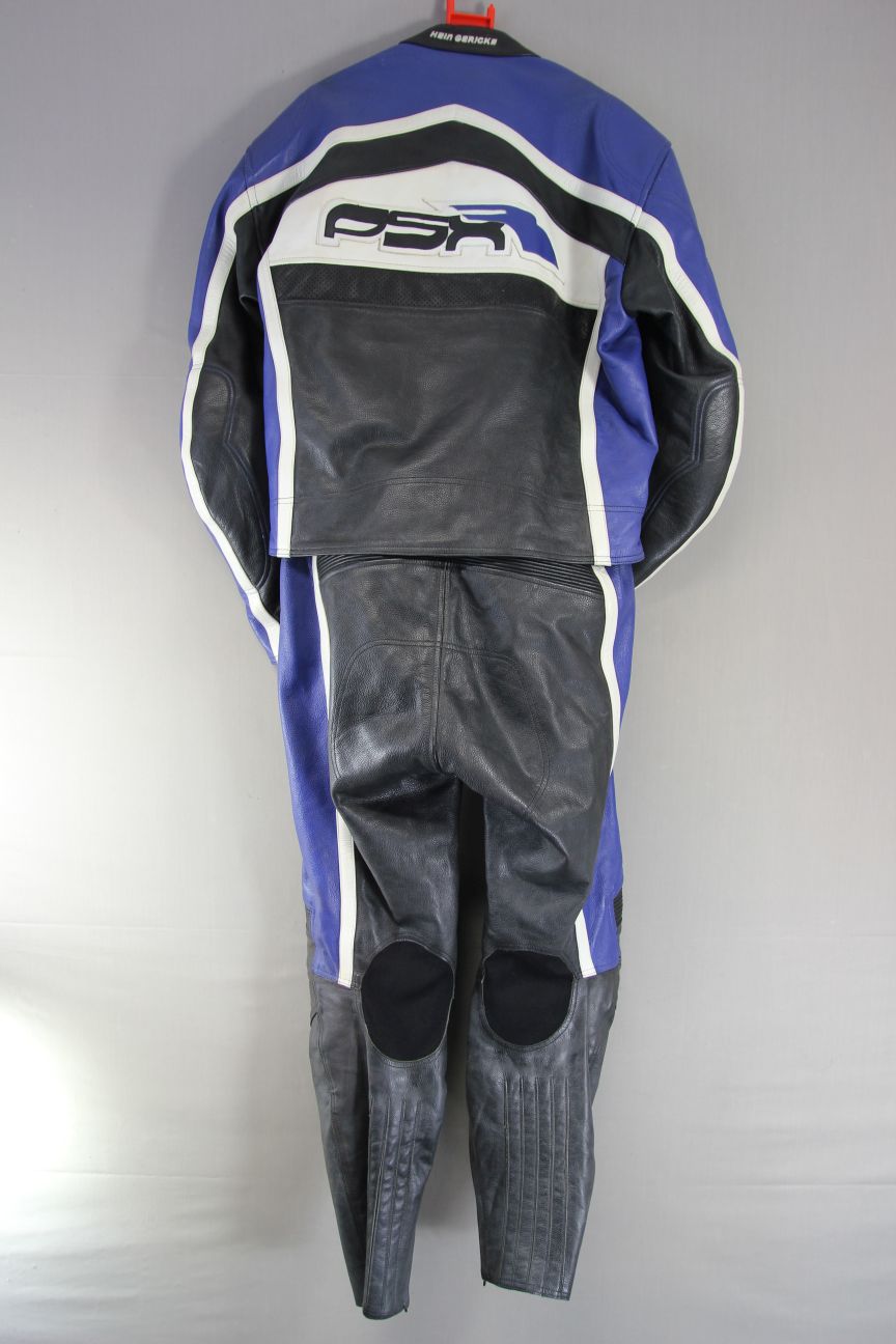 HEIN GERICKE 2 PIECE BLACK, BLUE & WHITE LEATHER BIKER SUIT + CE ARMOUR 42 INCH