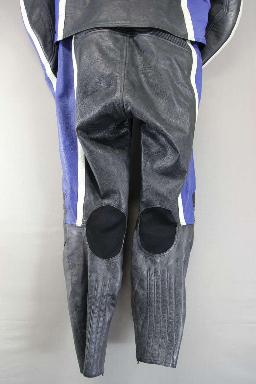 HEIN GERICKE 2 PIECE BLACK, BLUE & WHITE LEATHER BIKER SUIT + CE ARMOUR 42 INCH