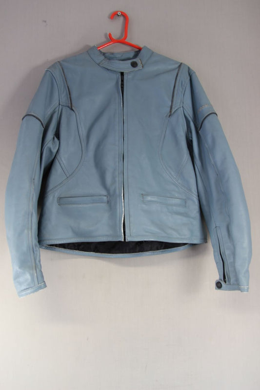 FRANK THOMAS 2 PIECE LIGHT BLUE LEATHER BIKER SUIT WITH CE ARMOUR: SIZE 14-16