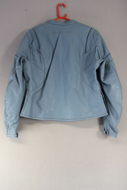 FRANK THOMAS 2 PIECE LIGHT BLUE LEATHER BIKER SUIT WITH CE ARMOUR: SIZE 14-16