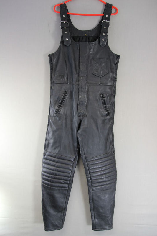 JTS BLACK LEATHER BIKER BIB & BRACE SALOPETTES: WAIST 34 INCH/INSIDE LEG 29 INCH