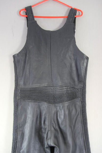 JTS BLACK LEATHER BIKER BIB & BRACE SALOPETTES: WAIST 34 INCH/INSIDE LEG 29 INCH