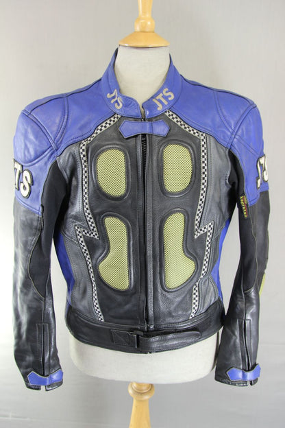 JTS BLACK, BLUE & SILVER LEATHER BIKER JACKET 42 INCH (SHORT FIT)