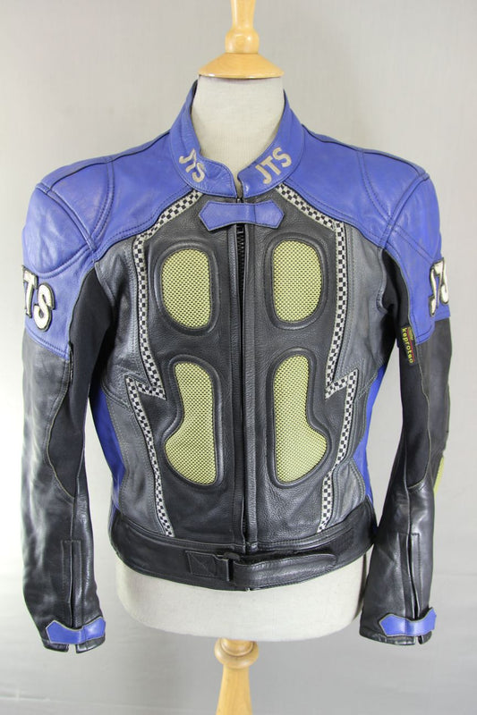 JTS BLACK, BLUE & SILVER LEATHER BIKER JACKET 42 INCH (SHORT FIT)