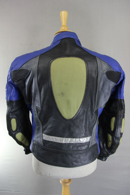 JTS BLACK, BLUE & SILVER LEATHER BIKER JACKET 42 INCH (SHORT FIT)