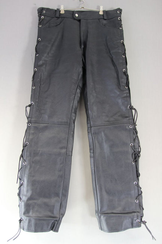 RIDEX BLACK LEATHER BIKER JEANS WITH SIDE LACES WAIST 32-34 IN/INSIDE LEG 32 IN
