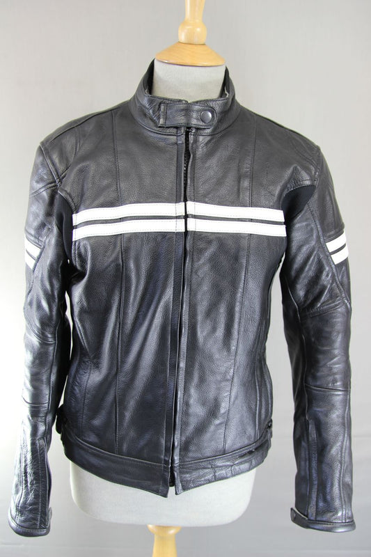 PROFIRST LADIES BLACK & WHITE LEATHER CAFE RACER STYLE BIKER JCKT + ARMOUR 36"/L