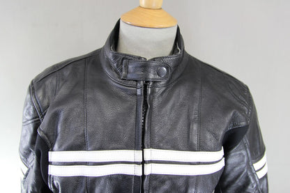 PROFIRST LADIES BLACK & WHITE LEATHER CAFE RACER STYLE BIKER JCKT + ARMOUR 36"/L