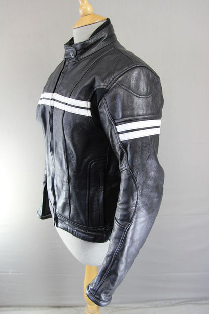 PROFIRST LADIES BLACK & WHITE LEATHER CAFE RACER STYLE BIKER JCKT + ARMOUR 36"/L