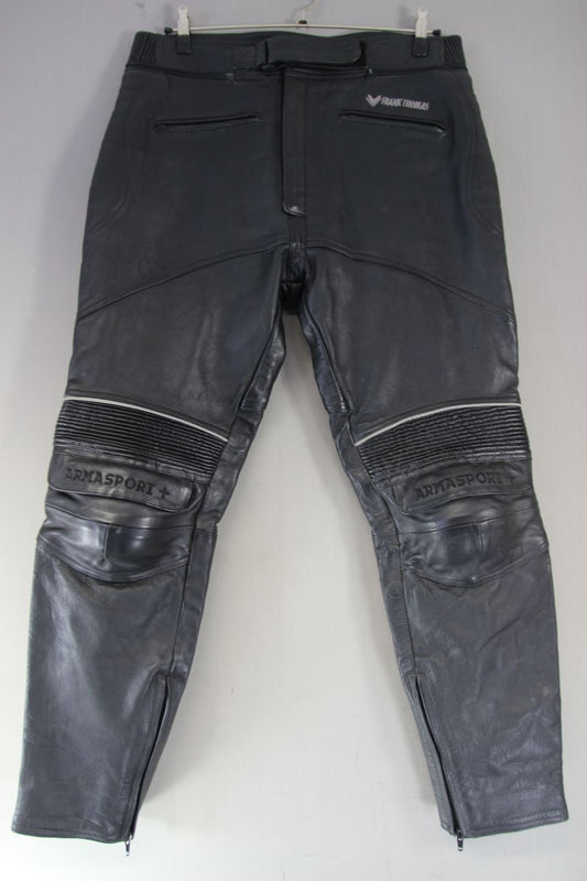 FRANK THOMAS LEATHER BIKER TROUSERS + KNEE PROTECTORS: WAIST 38"/INSIDE LEG 32"