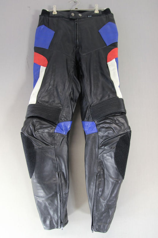 REVENGER BLACK, BLUE, RED & WHITE LEATHER BIKER TROUSERS:WAIST 28/INSIDE LEG 31"