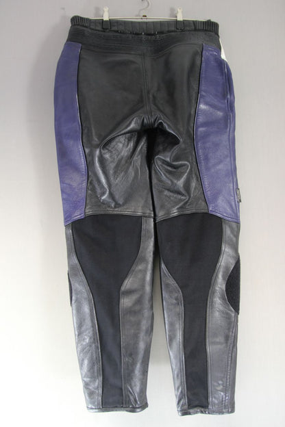 RICHA BLACK, BLUE & WHITE LEATHER BIKER TROUSERS + CE ARMOUR: WAIST 36"/LEG 31"