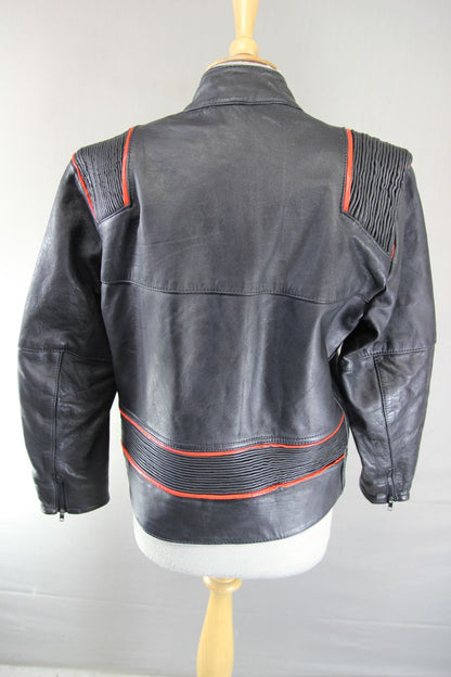 VINTAGE KETT BLACK & RED COWHIDE LEATHER BIKER JACKET: SIZE 12 36 INCH CHEST