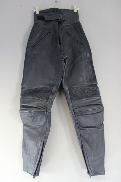 BELSTAFF BLACK LEATHER BIKER TROUSERS SIZE 10: WAIST 22-24 IN/INSIDE LEG 28 IN