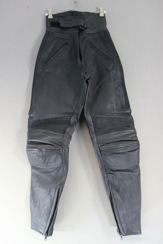 BELSTAFF BLACK LEATHER BIKER TROUSERS SIZE 10: WAIST 22-24 IN/INSIDE LEG 28 IN