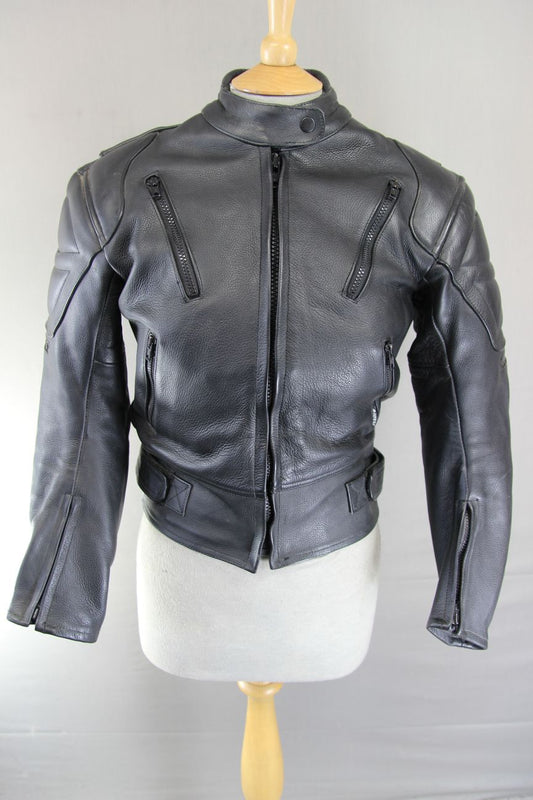 RIOSSI BLACK COWHIDE LEATHER BIKER JACKET WITH PROTECTORS/THERMAL LINING SIZE 10
