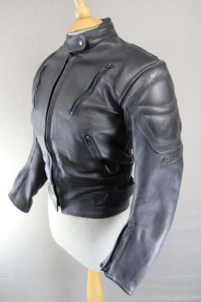 RIOSSI BLACK COWHIDE LEATHER BIKER JACKET WITH PROTECTORS/THERMAL LINING SIZE 10